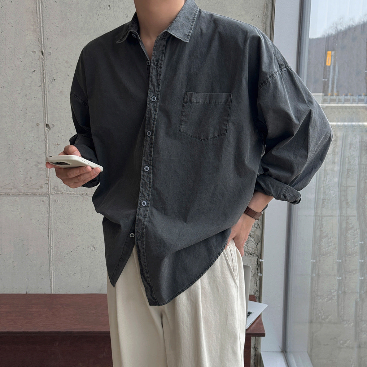 Vintage Washed Long Sleeve Shirt Men Autumn Loose Casual Shirt Commute Old Money Style Top