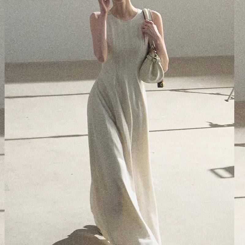 Gold-Thread Linen Open-Back Maxi Dress