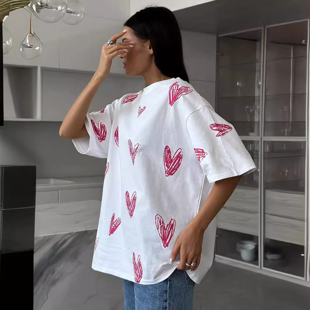 Hand-Painted Heart Graphic Printed T-Shirt
