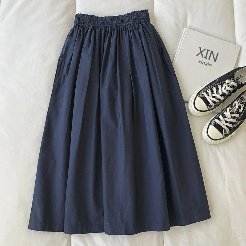 Elegant Slim Fit A-Line Skirt Pleated High Waist Midi Skirt