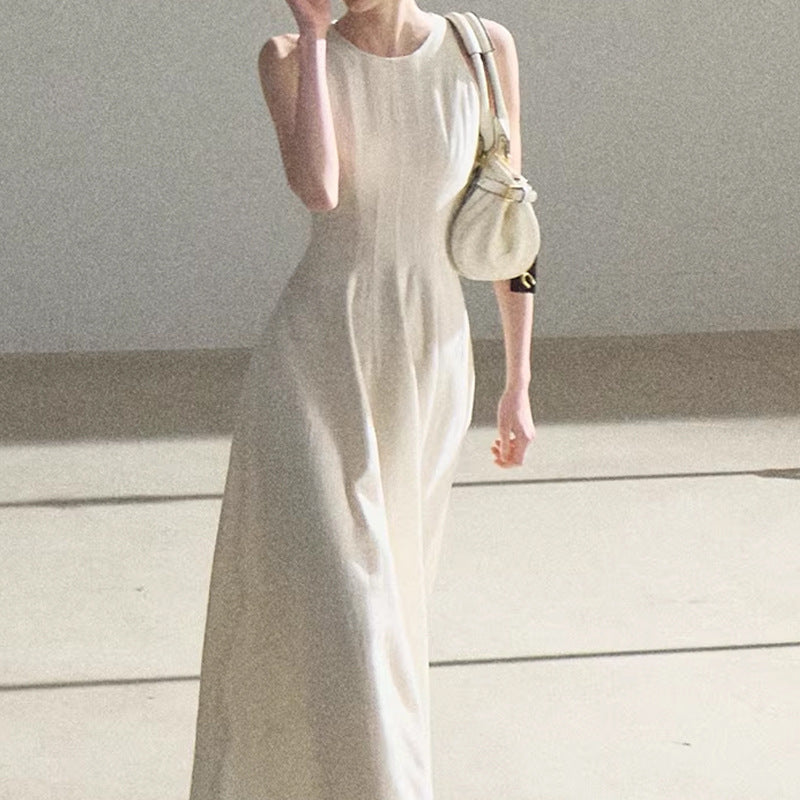 Gold-Thread Linen Open-Back Maxi Dress