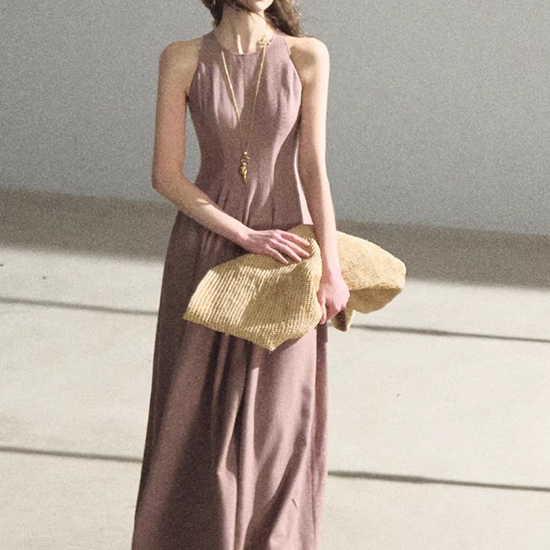 Gold-Thread Linen Open-Back Maxi Dress