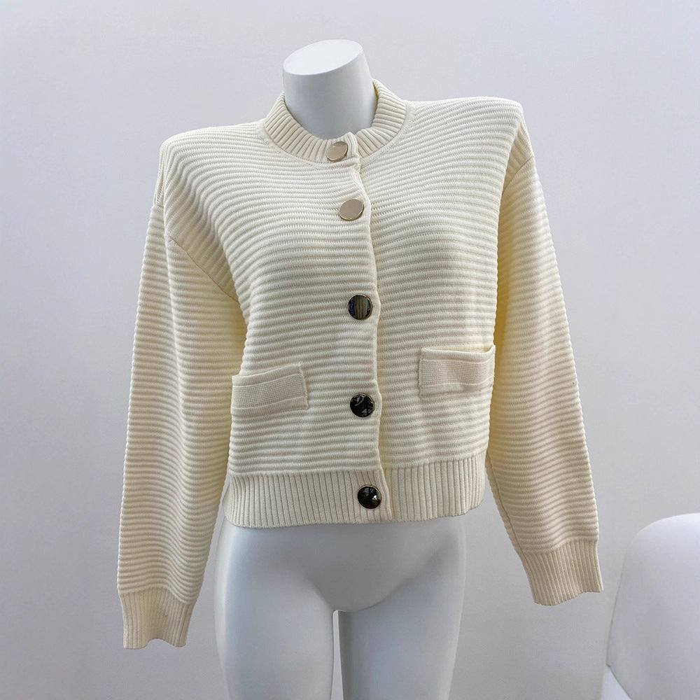Simplified Ribbed Cream Color Old Money Style Round Neck Metal Button Knit Cardigan for Women