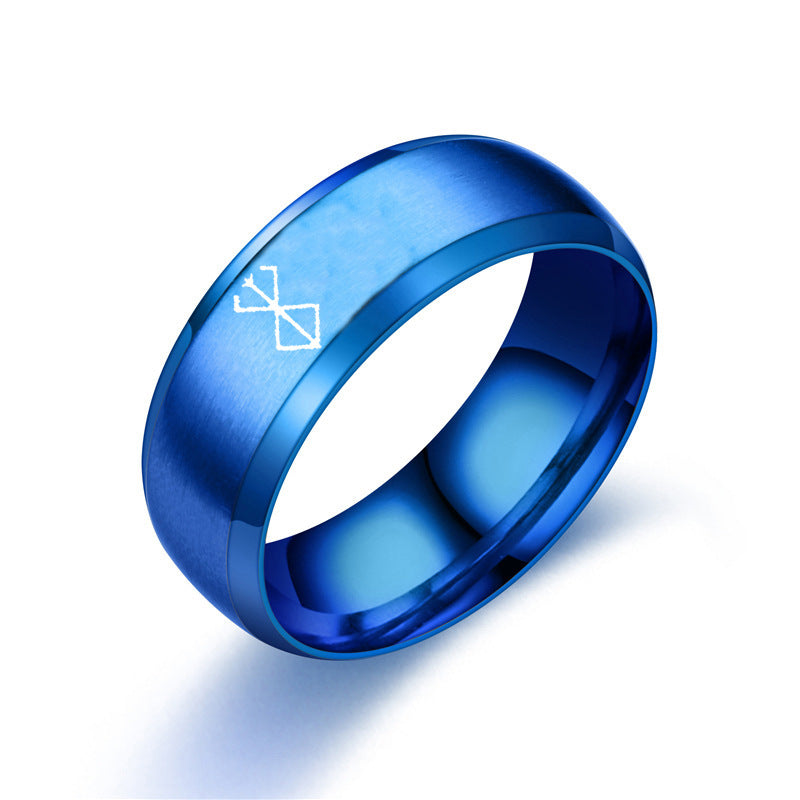 European and American Style Berserk Anime Series Laser Engraved Ring with Logo Design