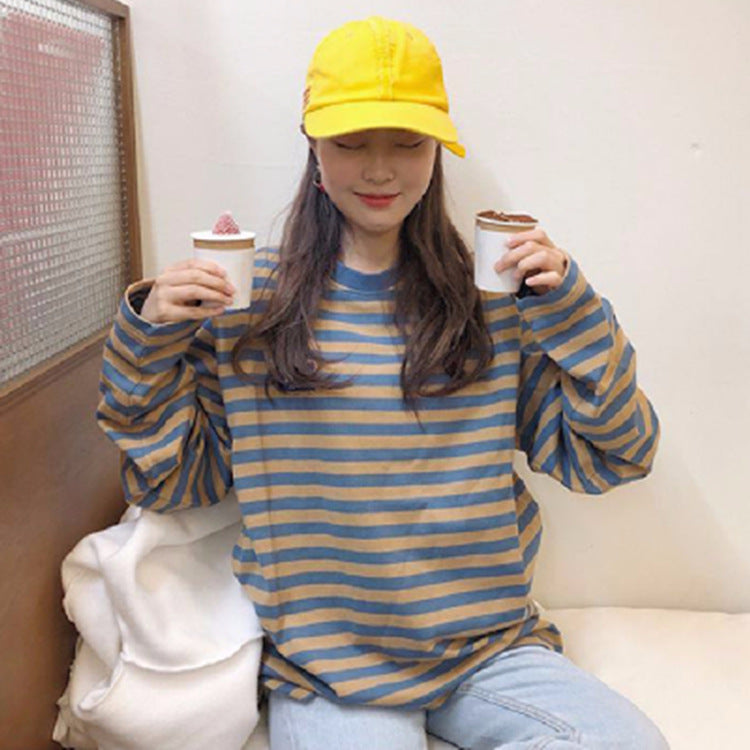 Chic Korean Style Stripe Long Sleeve T-Shirt Loose Crewneck Harajuku Student Basic Tee