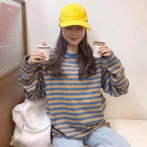 Chic Korean Style Stripe Long Sleeve T-Shirt Loose Crewneck Harajuku Student Basic Tee