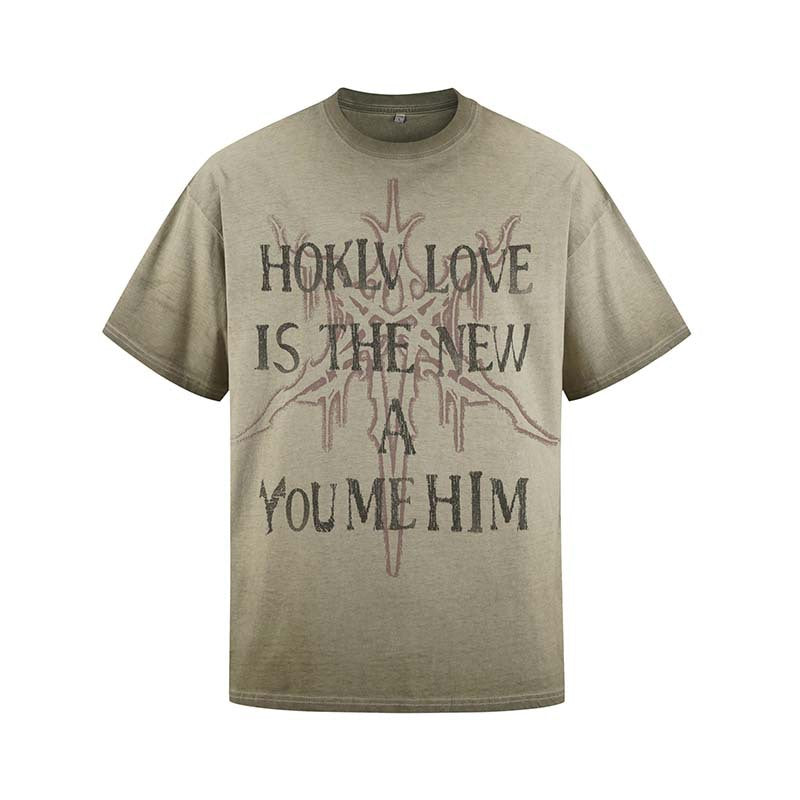 Spray painted washed to make old letter printed short sleeves