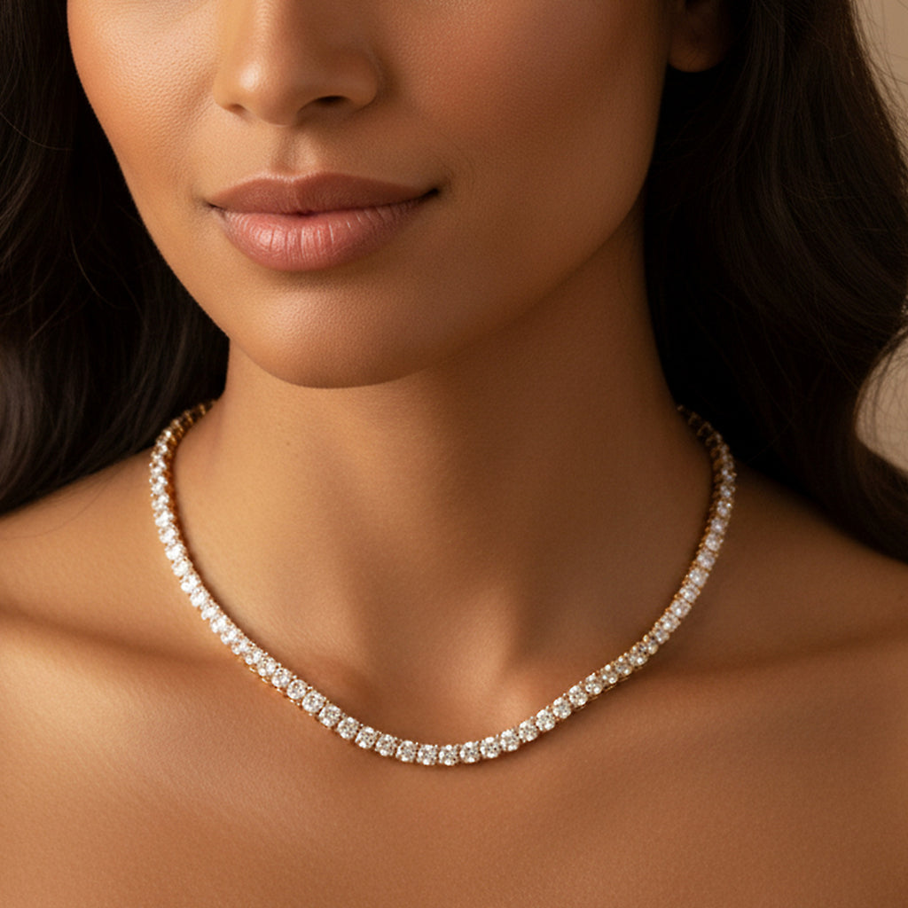 Copper Plated 18K Gold Zirconia Tennis Necklace Fashion Trendy Style Neck Chain