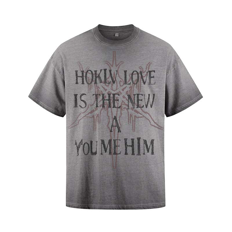 Spray painted washed to make old letter printed short sleeves