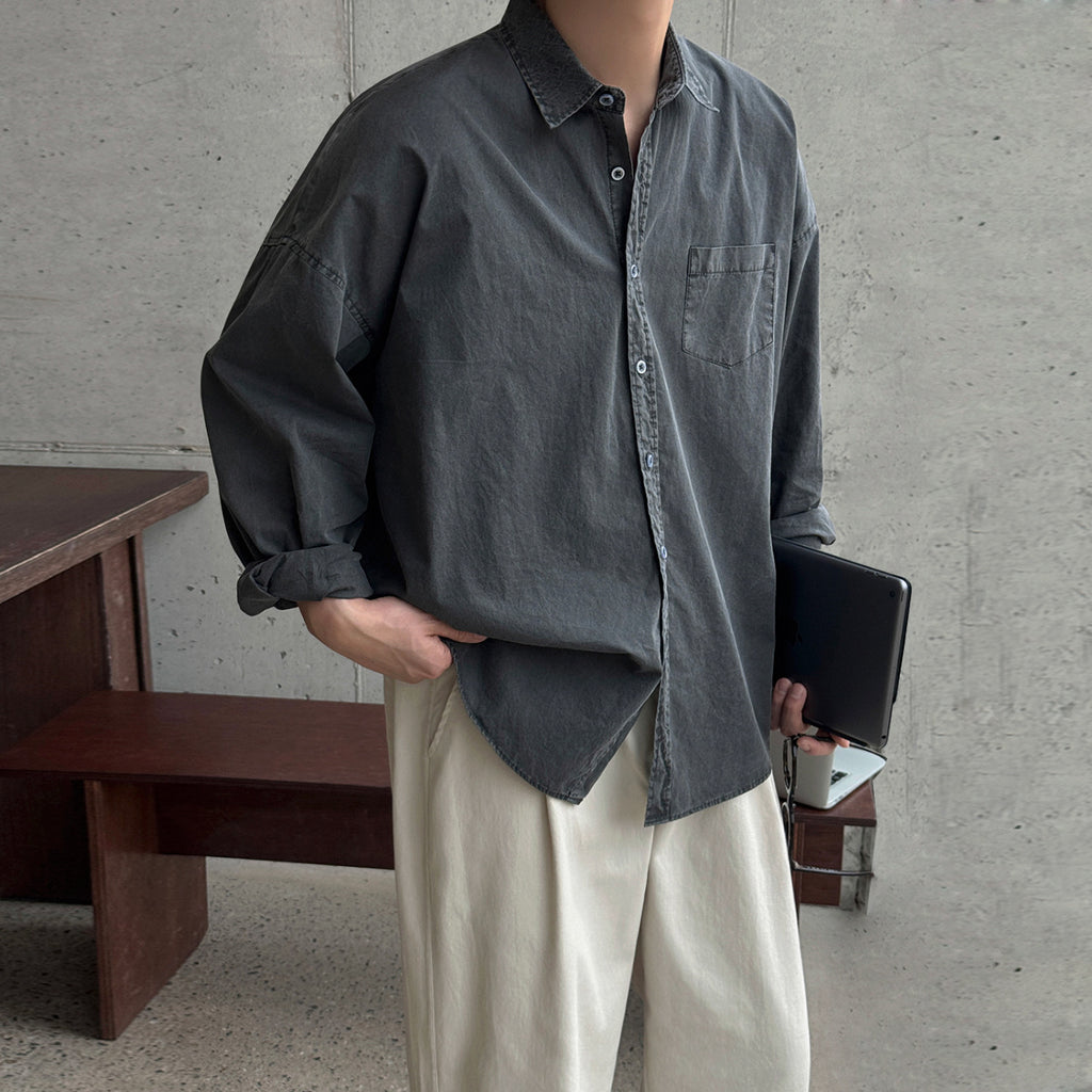 Vintage Washed Long Sleeve Shirt Men Autumn Loose Casual Shirt Commute Old Money Style Top