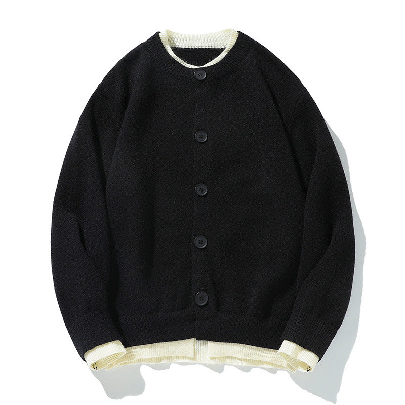 Color-block Knit Cardigan Unisex Loose Fit Retro Old Money Style Sweater