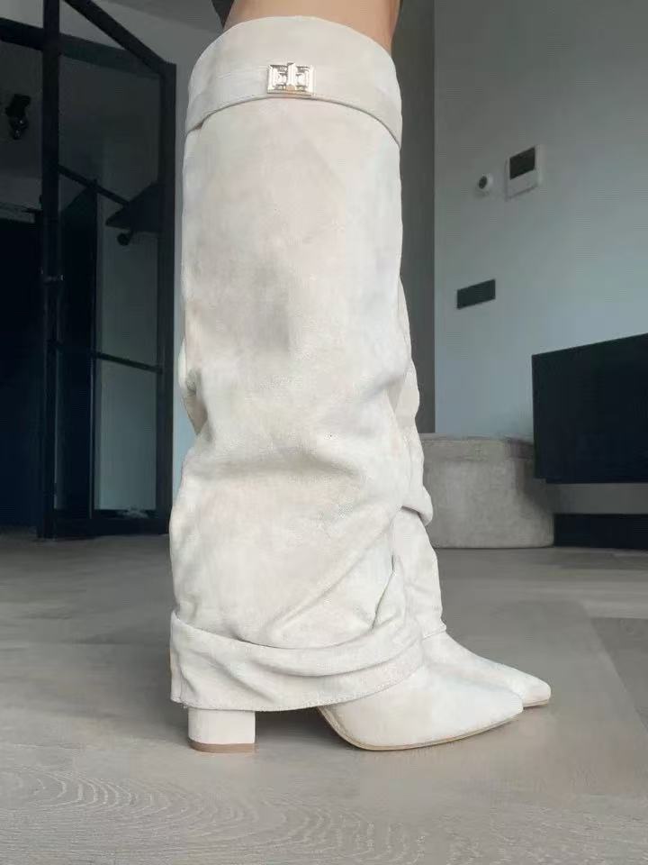 Pointed Toe Straight Tube Pleated Metal Buckle Mid-Calf Boots for Women, Chunky Heel Pipe Boots, Wide Size Available