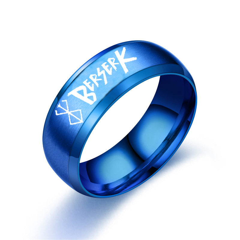 European and American Style Berserk Anime Series Laser Engraved Ring with Logo Design
